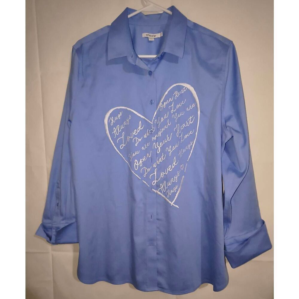 Chico's No Iron Stretch Embroidered Heart Shirt button up Blue embroidery heart